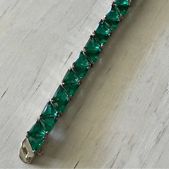 Green Silver Tennis 925 bracelet, bling chunky tennis bracelet, fancy fashion - Picture 6 of 8